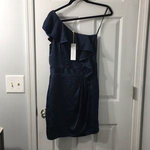 BCBG marine colored one shoulder dress.